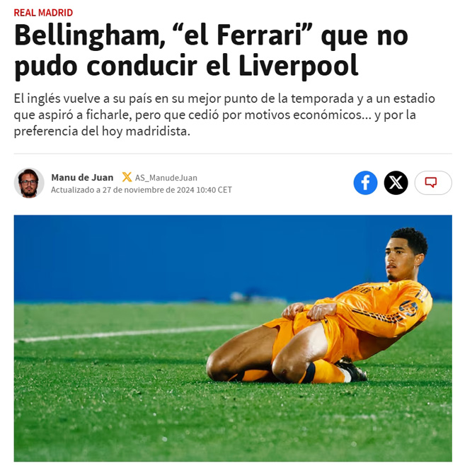 AS: Bellin là chiếc Ferrari mà Liverpool không thể xử lý và họ đã thất vọng về phí chuyển nhượng vào năm ngoái